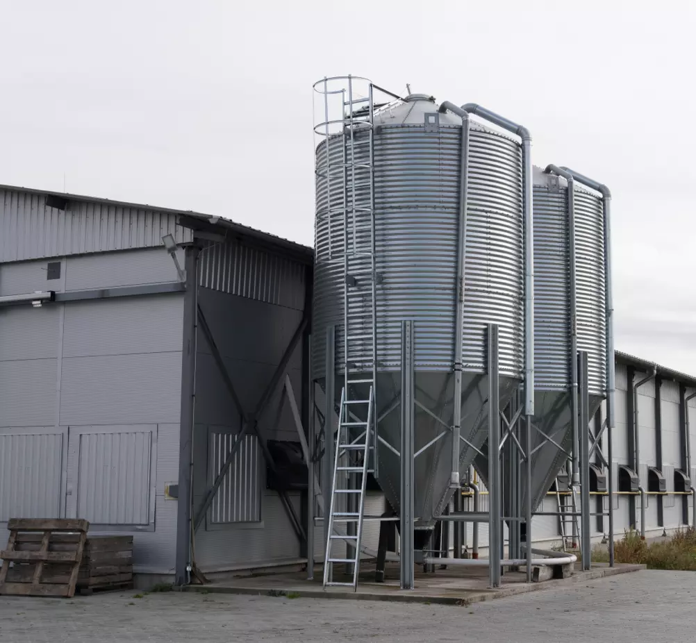 Large silver grain silos with ladders stand beside a grey industrial building. The scene is overcast, conveying a calm, utilitarian atmosphere.